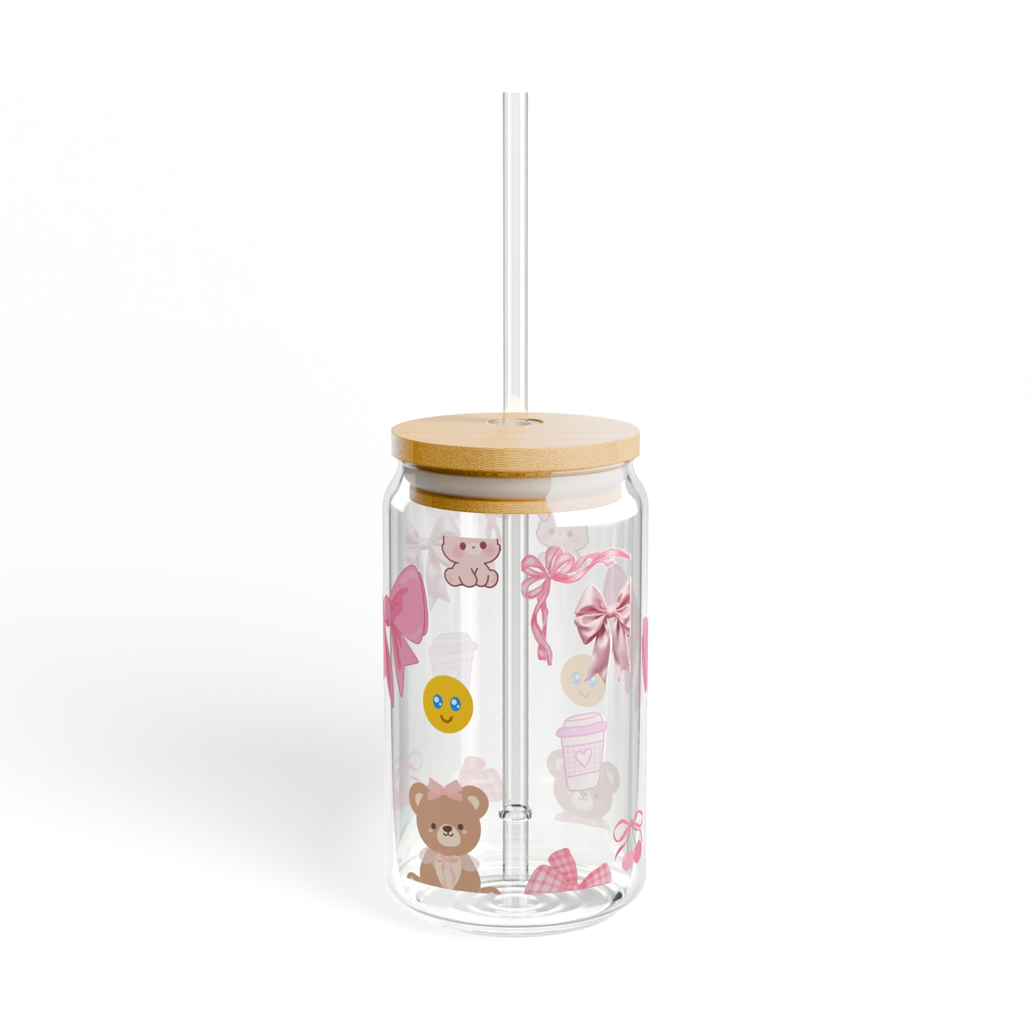 Pink Bow Teddy Bear Sipper Glass | 16oz Clear Tumbler with Straw