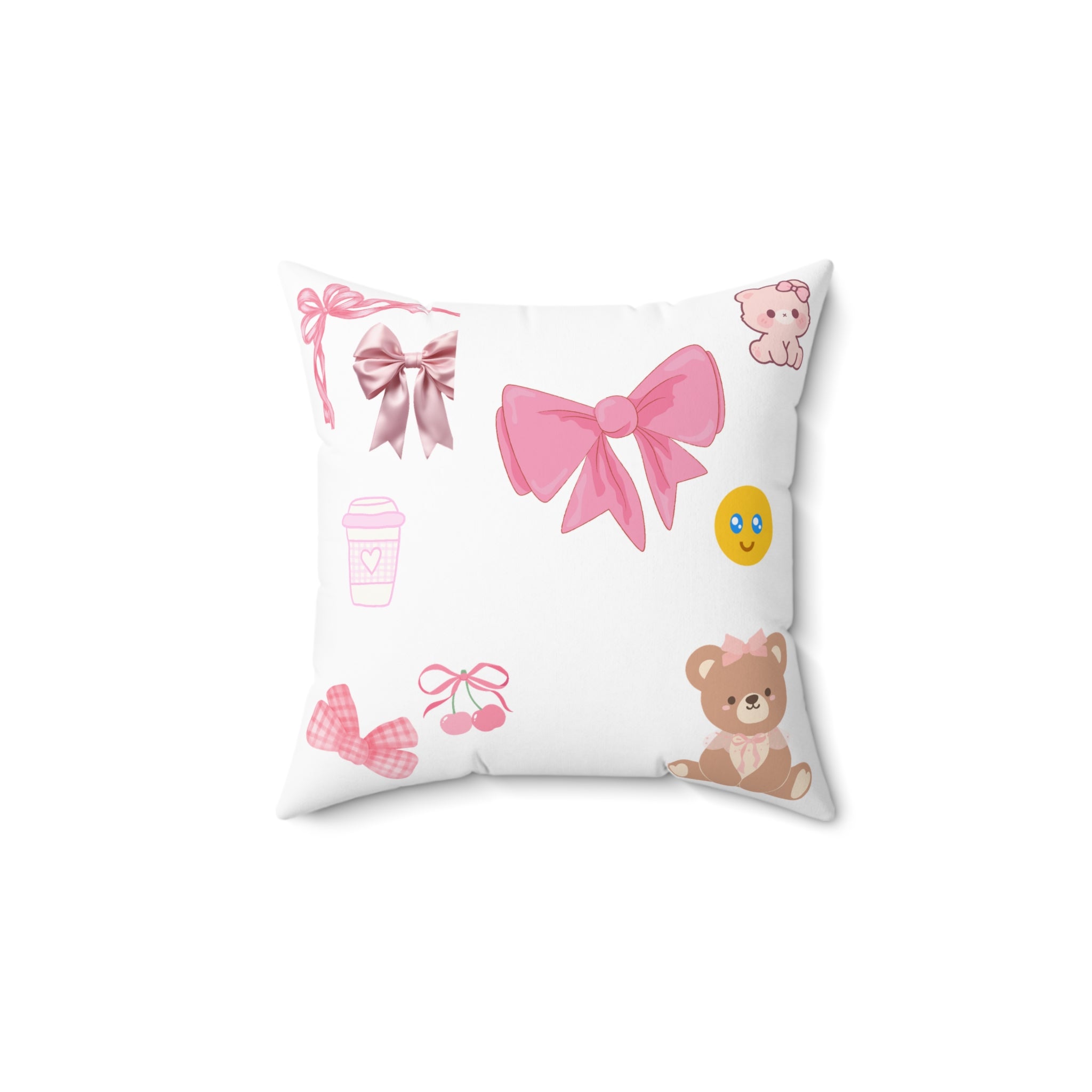 Cherry Ribbon Decorative Pillow — Pink Bows & Teddy Accent Cushion