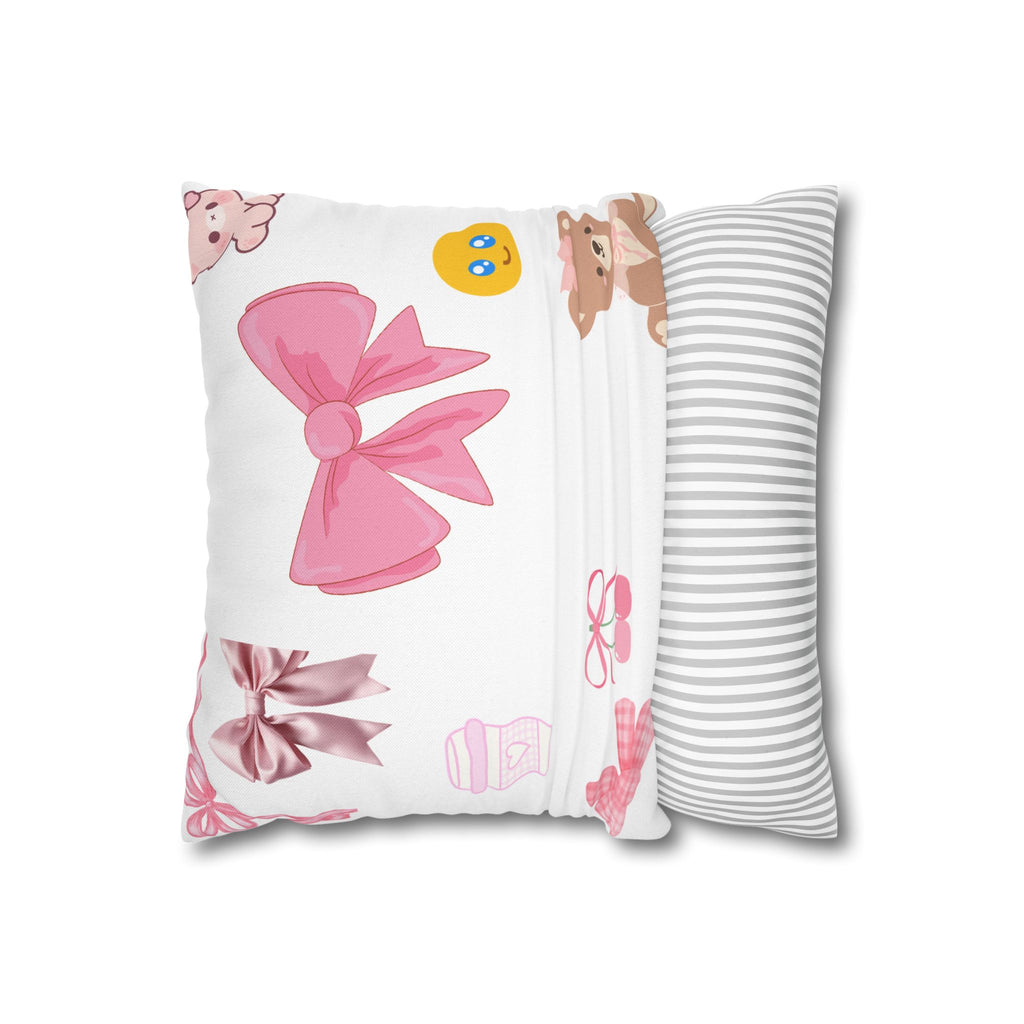 Pink Bow & Teddy Baby Nursery Pillowcase — Cute Decorative Square Throw Pillow Cover