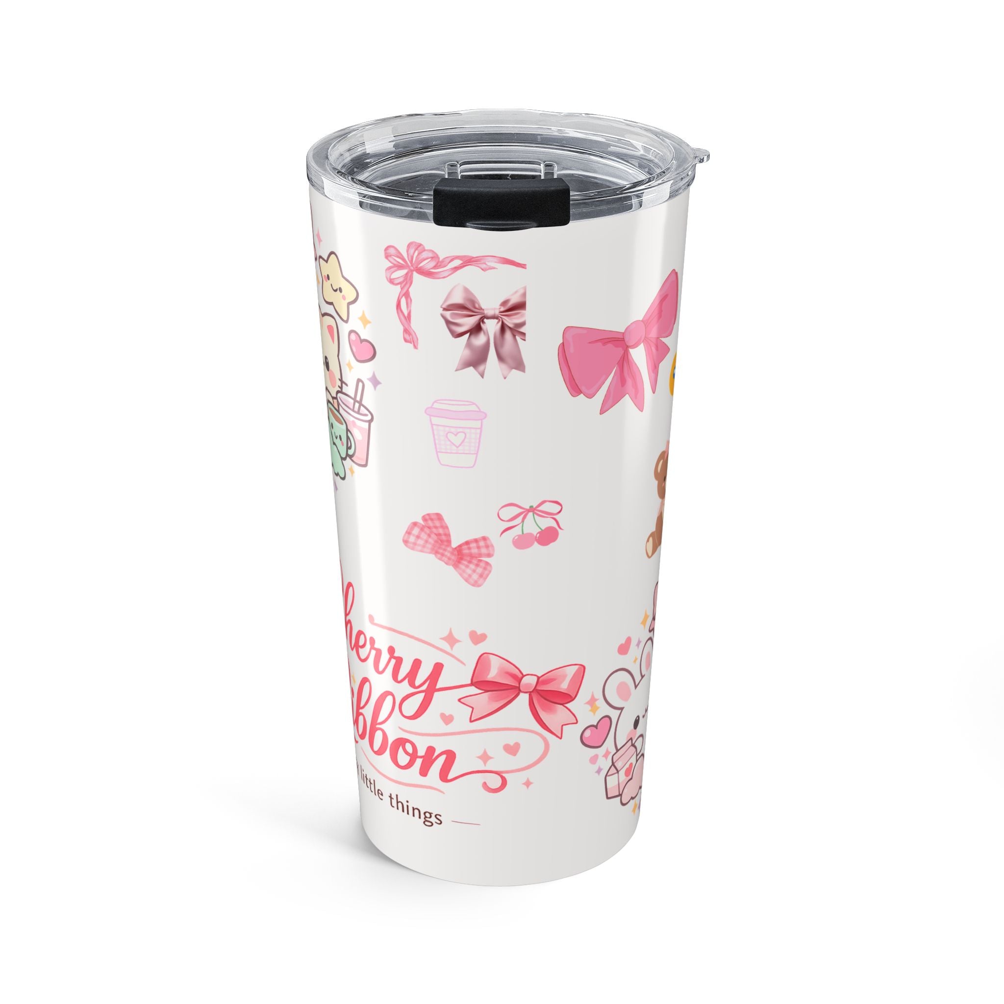 Cherry Ribbon Pink Bow Tumbler — Cute Teddy Accent Design 20oz
