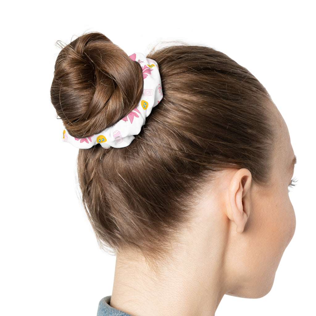 Cute Bear & Pink Floral Scrunchie — Whimsical Hair Tie for Kids & Teens