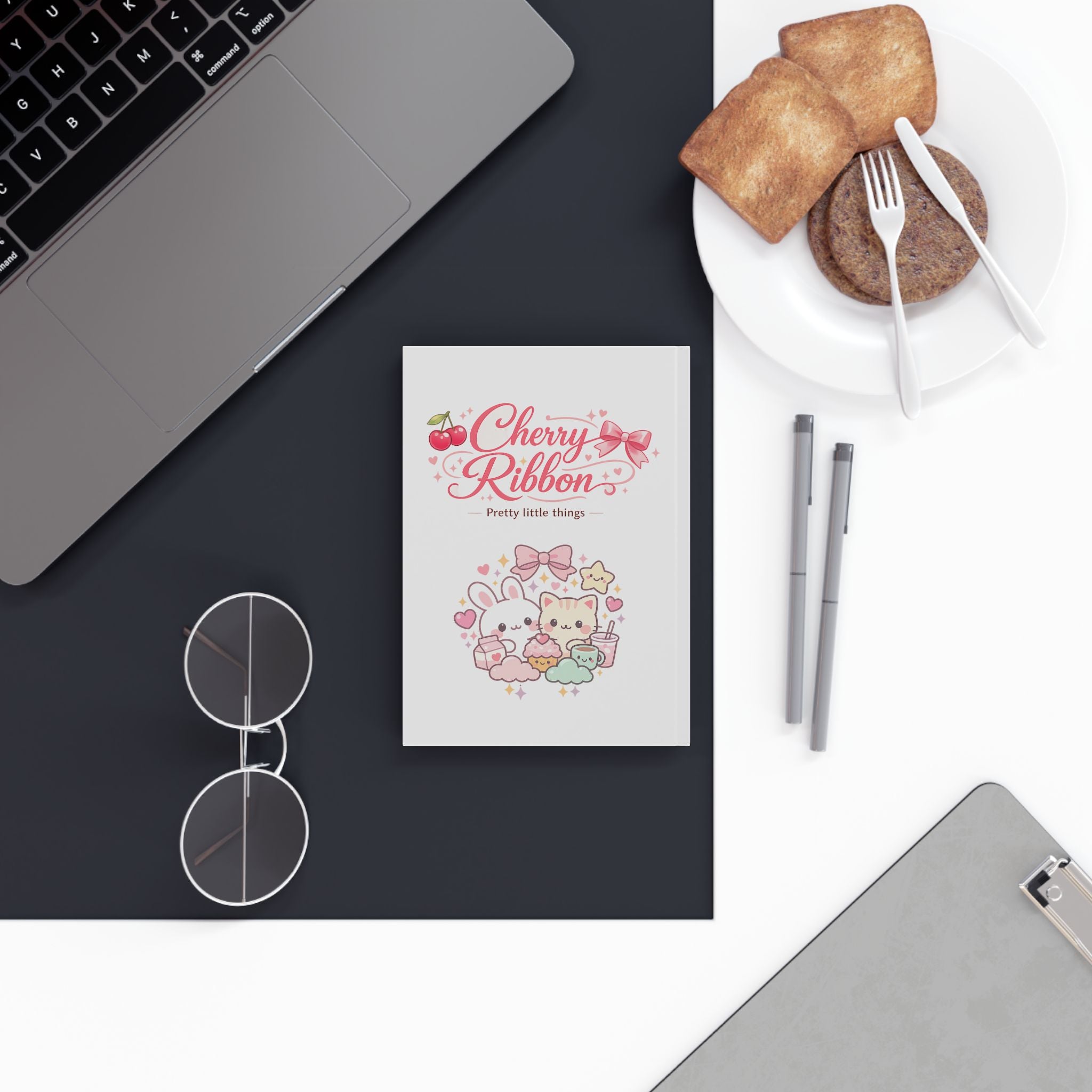 Kawaii Bunny & Cat Cherry Ribbon Hardback Journal — Cute Notes