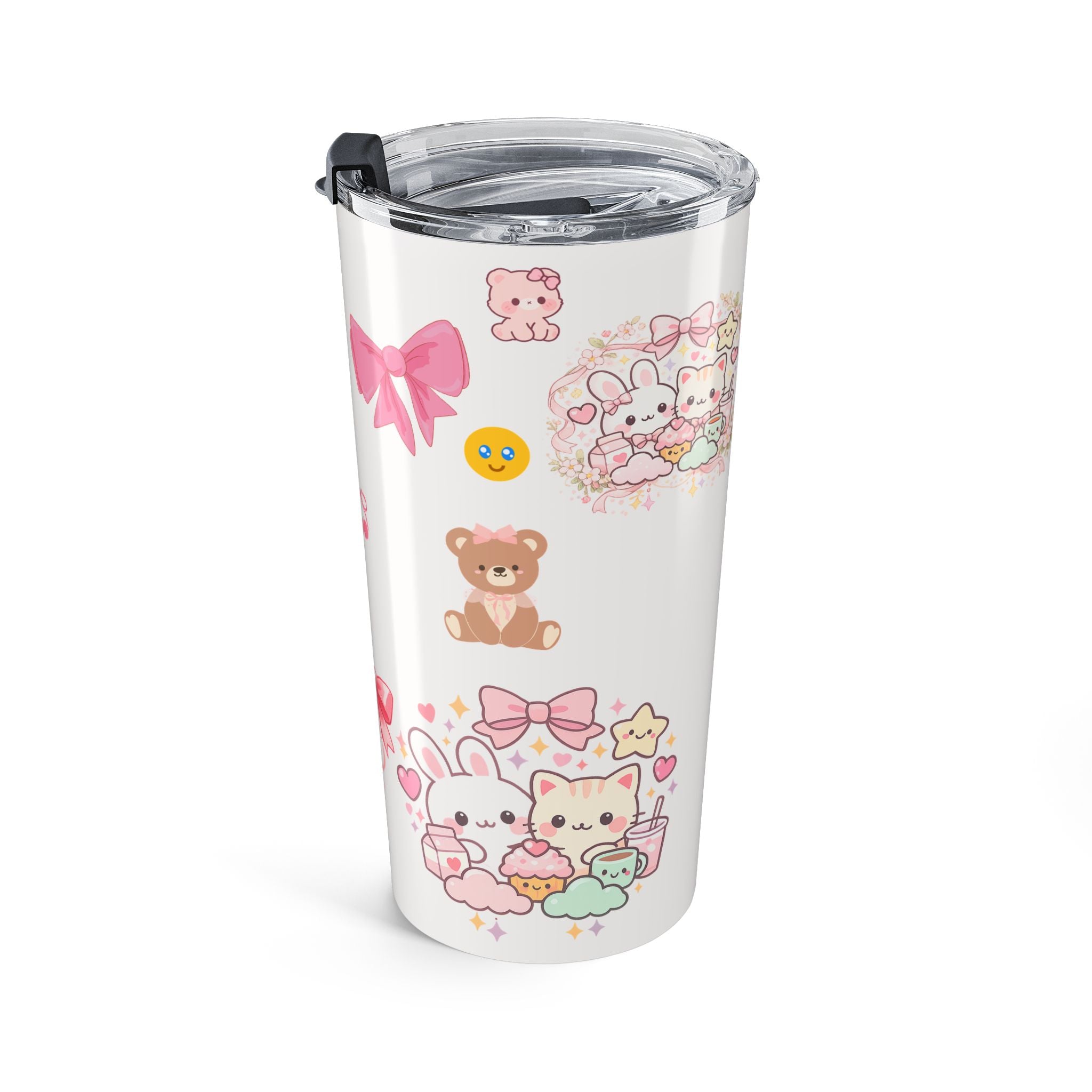 Cherry Ribbon Pink Bow Tumbler — Cute Teddy Accent Design 20oz