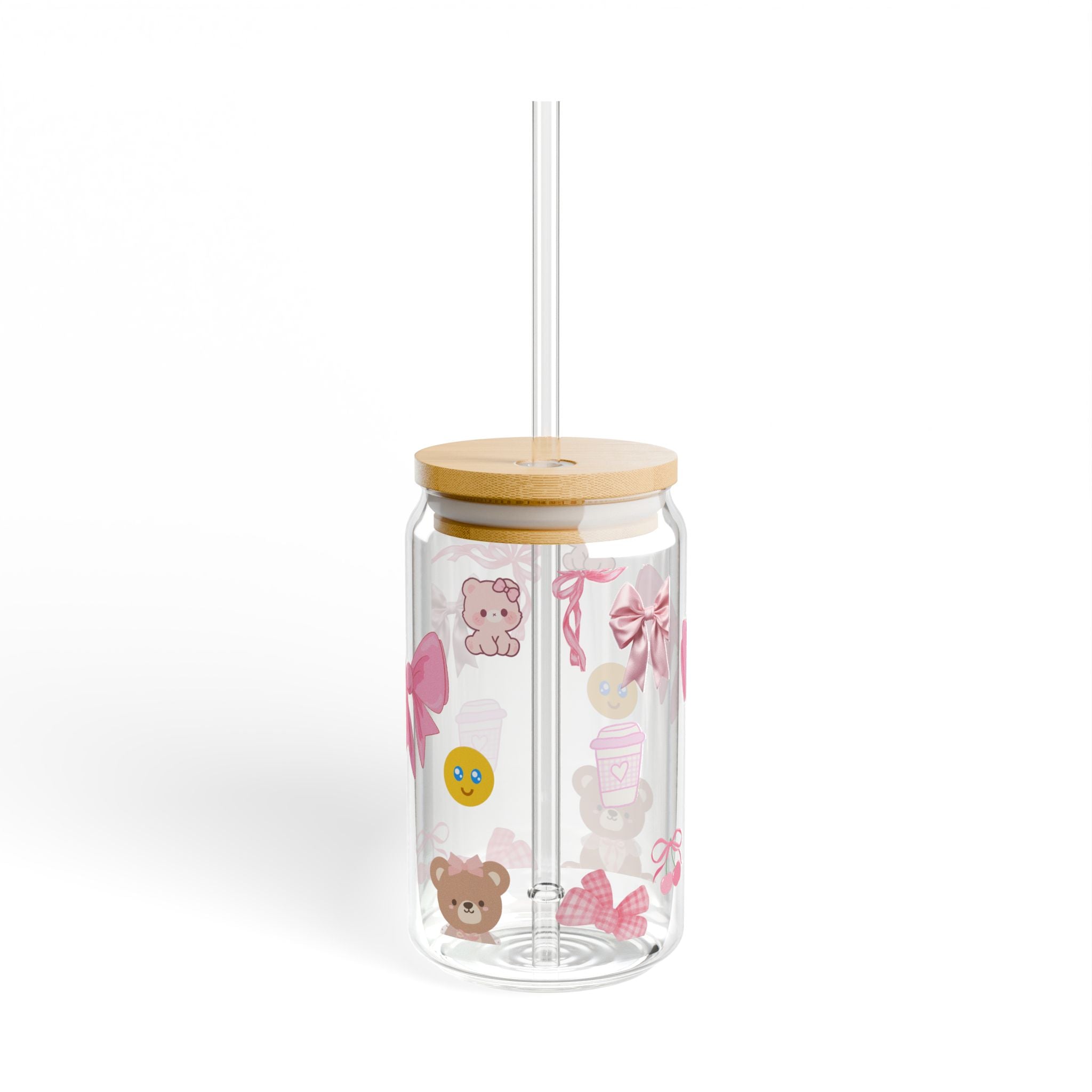Pink Bow Teddy Bear Sipper Glass | 16oz Clear Tumbler with Straw