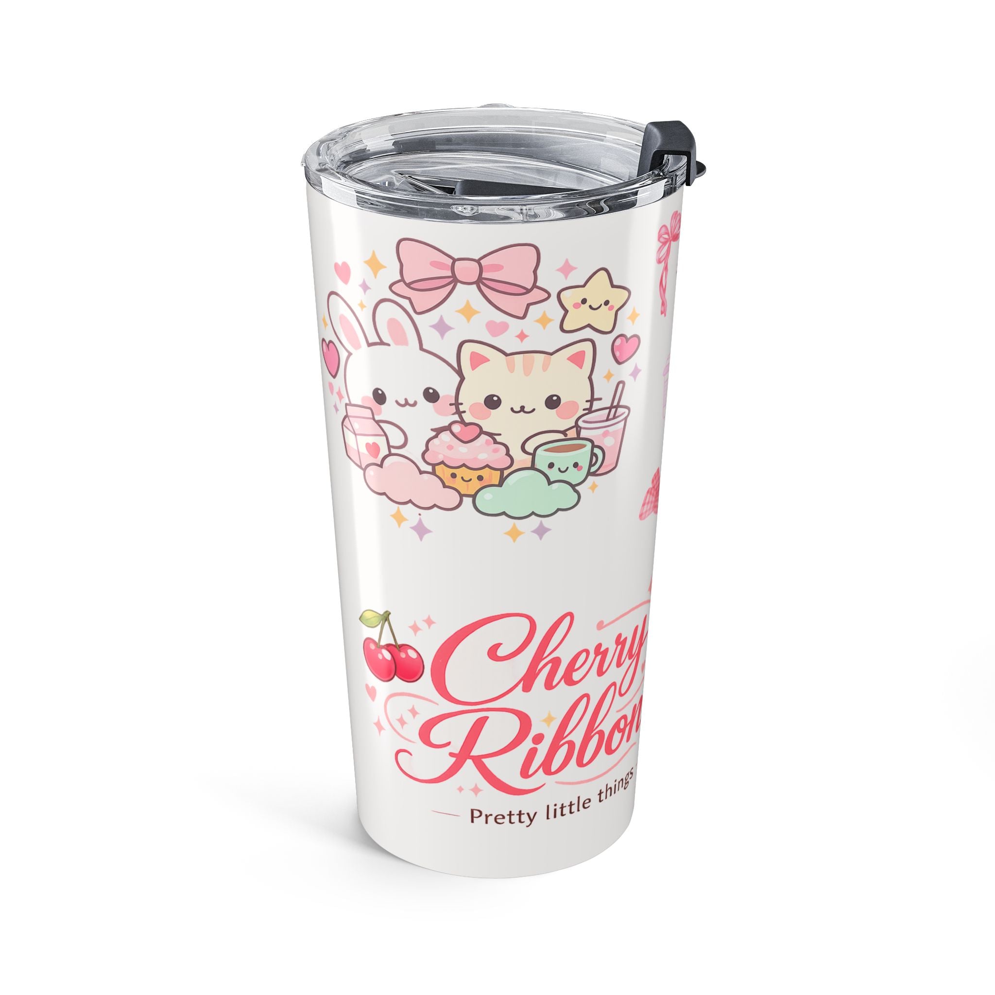 Cherry Ribbon Pink Bow Tumbler — Cute Teddy Accent Design 20oz