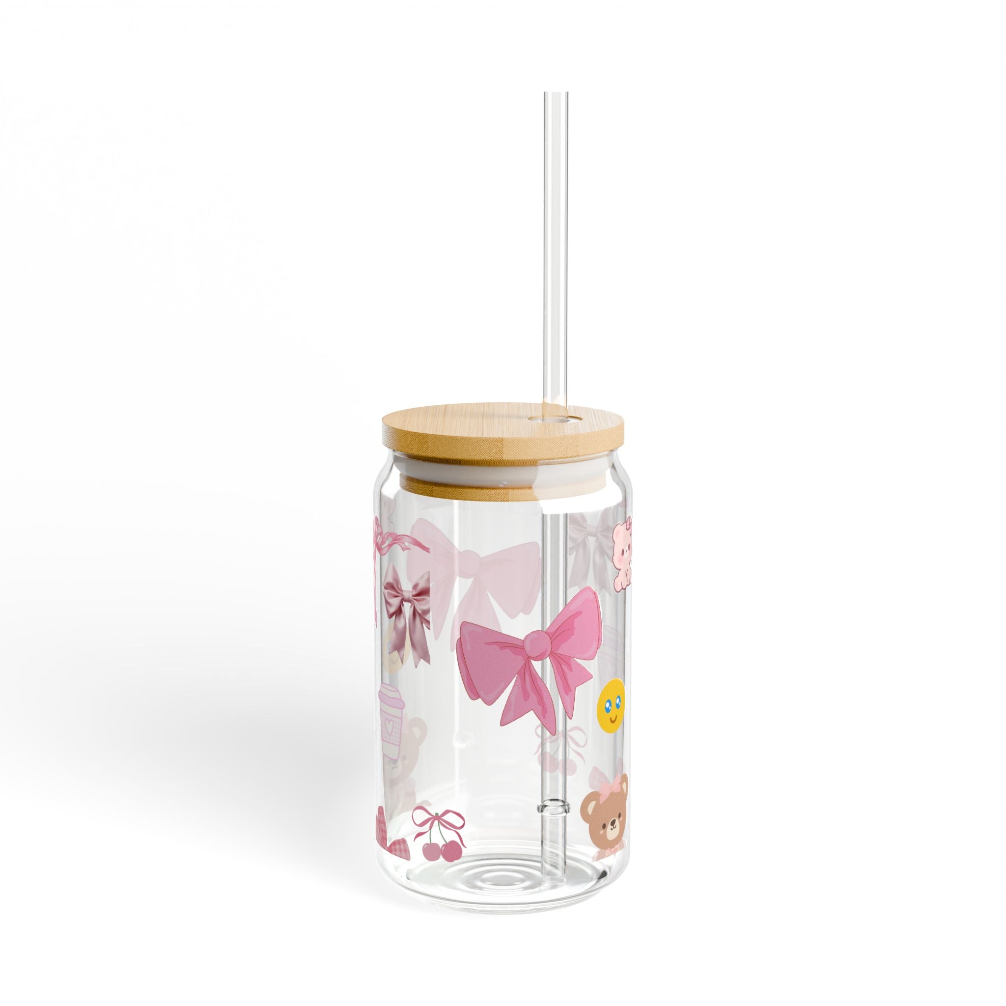 Pink Bow Teddy Bear 16oz Sipper Glass with Straw