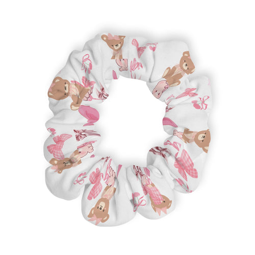 Cute Bear & Pink Floral Scrunchie — Whimsical Hair Tie for Kids & Teens
