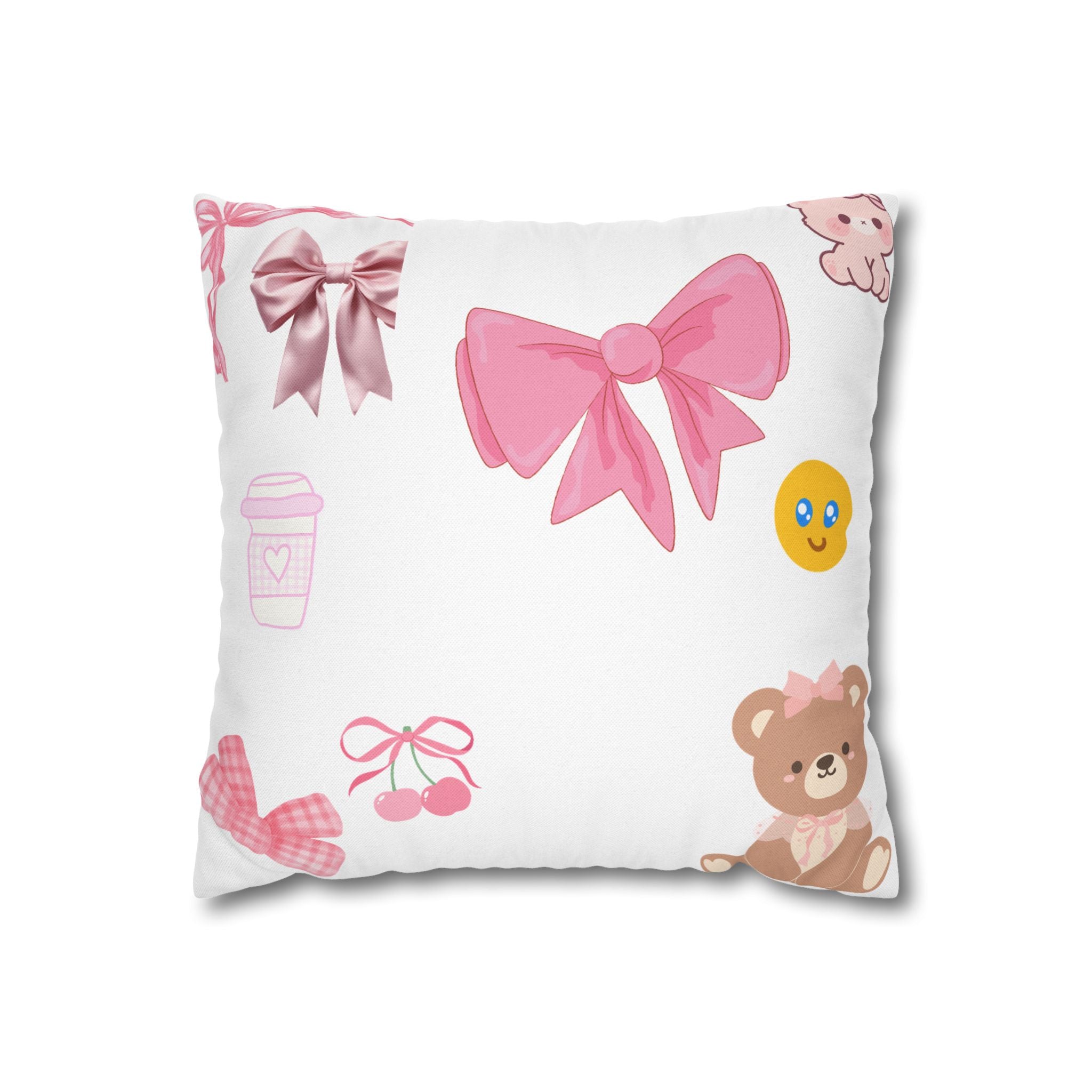 Pink Bow & Teddy Baby Nursery Pillowcase — Cute Decorative Square Throw Pillow Cover