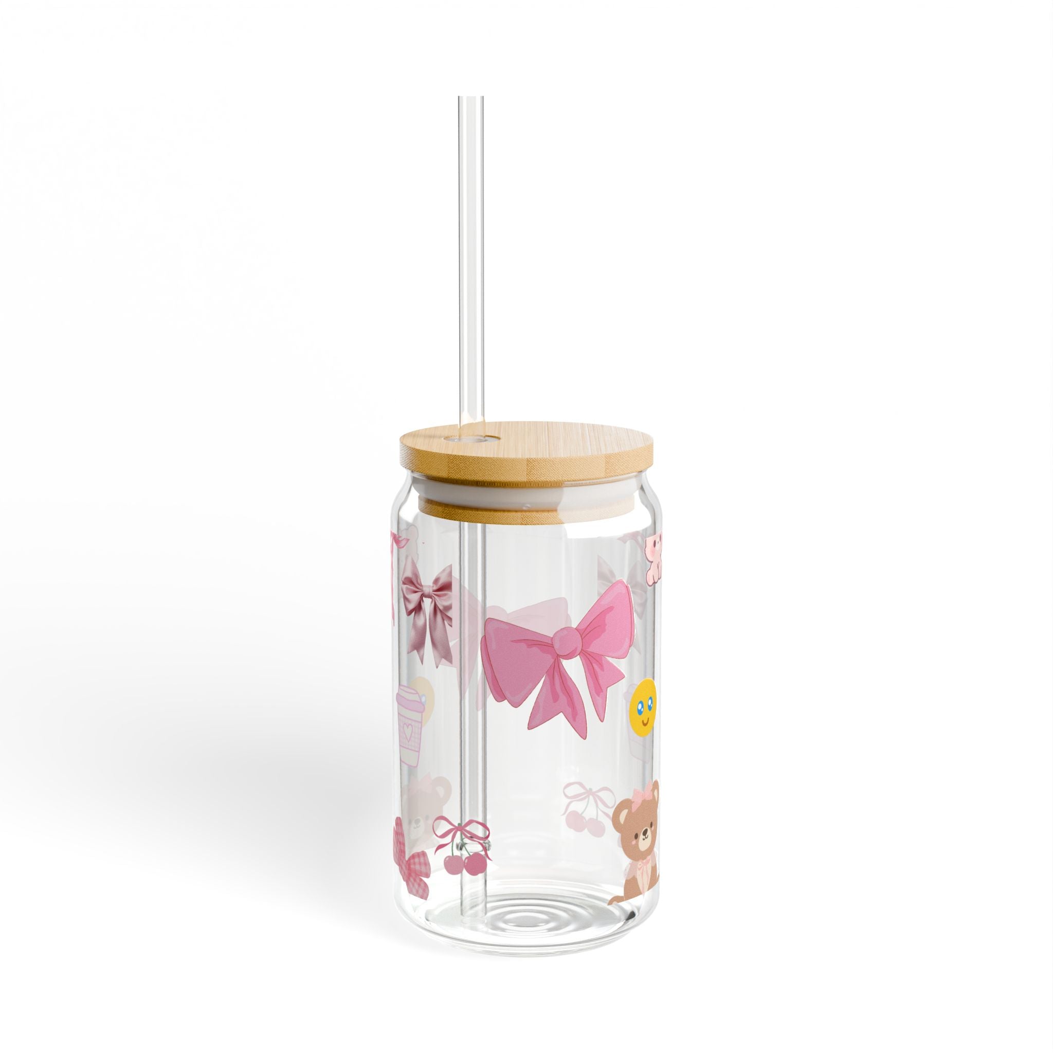 Pink Bow Teddy Bear 16oz Sipper Glass with Straw